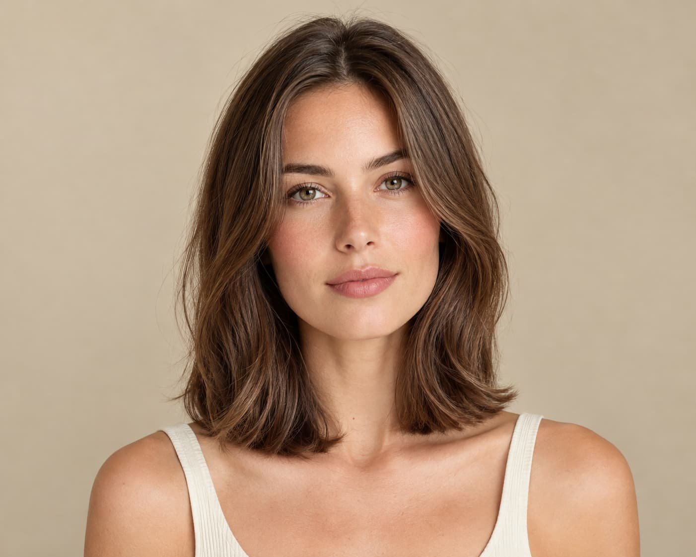 Woman with a chestnut-brown clavicut haircut ending around the collarbone.