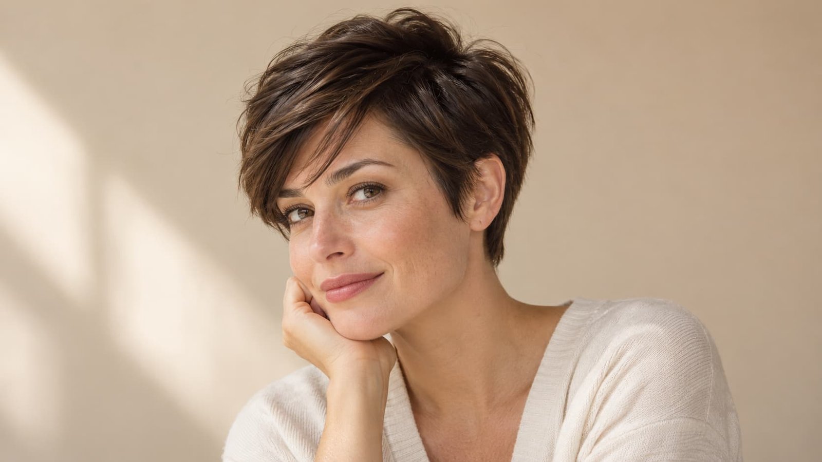 Woman with fine dark brown hair wearing a softly layered pixie cut with side-swept bangs.