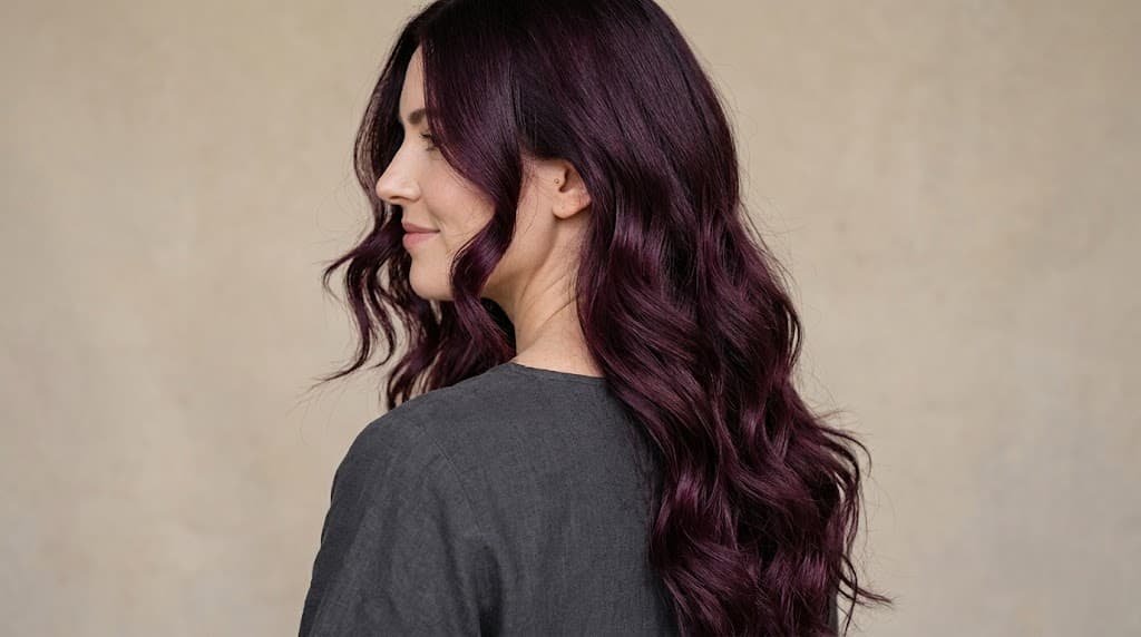 Woman with long wavy deep plum hair featuring violet and berry-red tones.