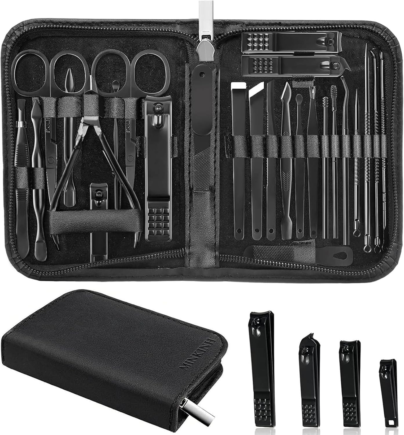 Black manicure tool set in a zip case