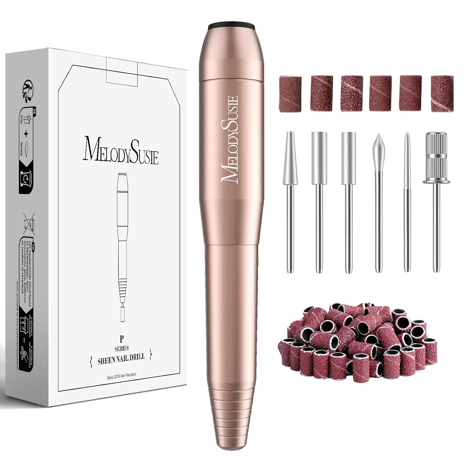 Rose gold nail drill with attachments and sanding bands