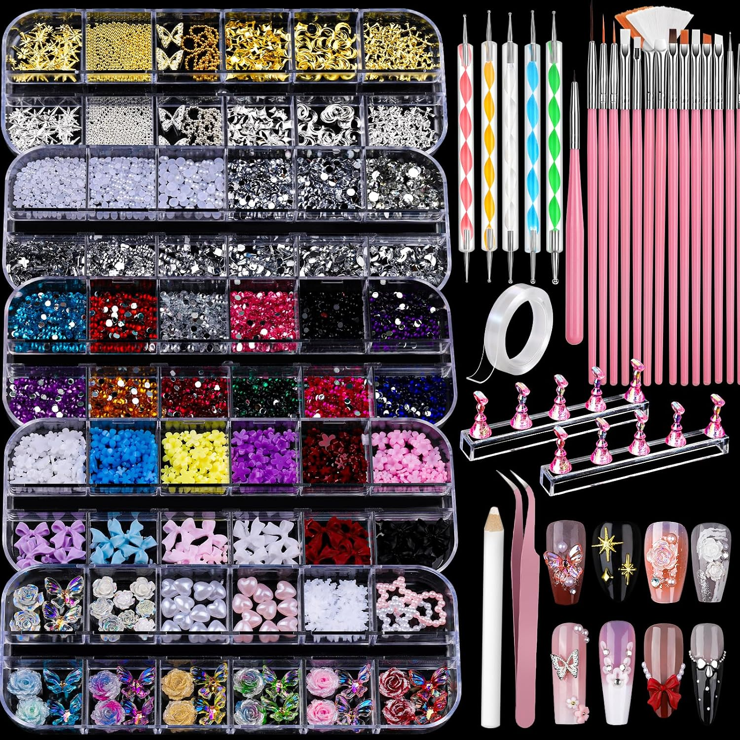 Nail art decorations with brushes and dotting tools