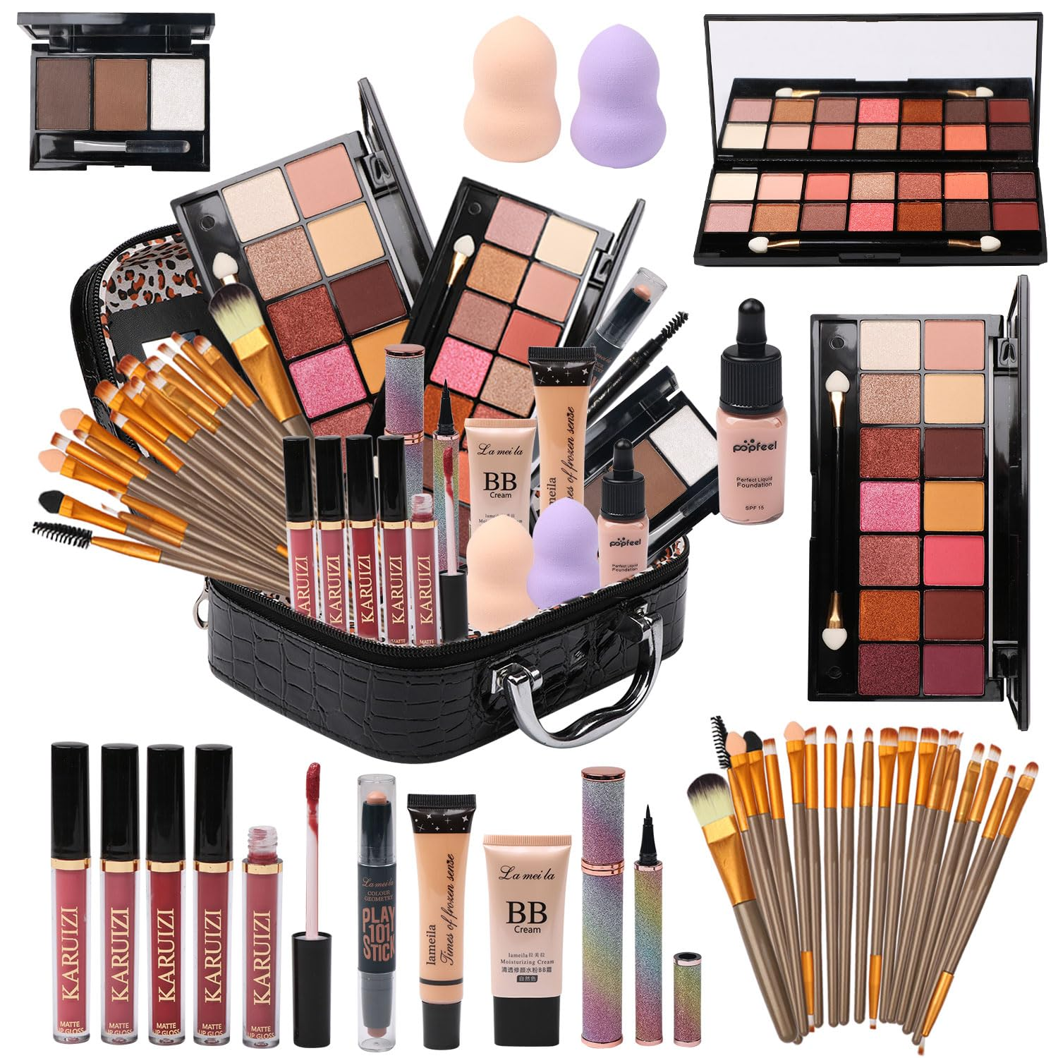 Makeup set with palettes, brushes and a black case