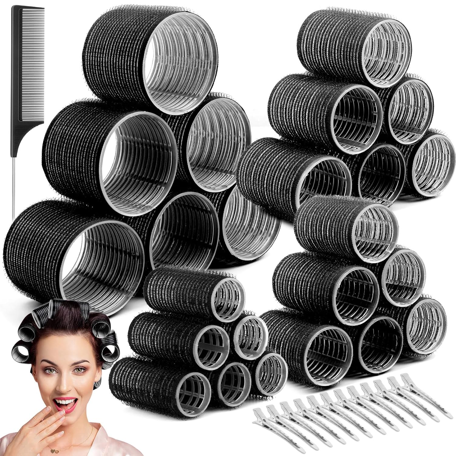 Black hair rollers with clips and a comb