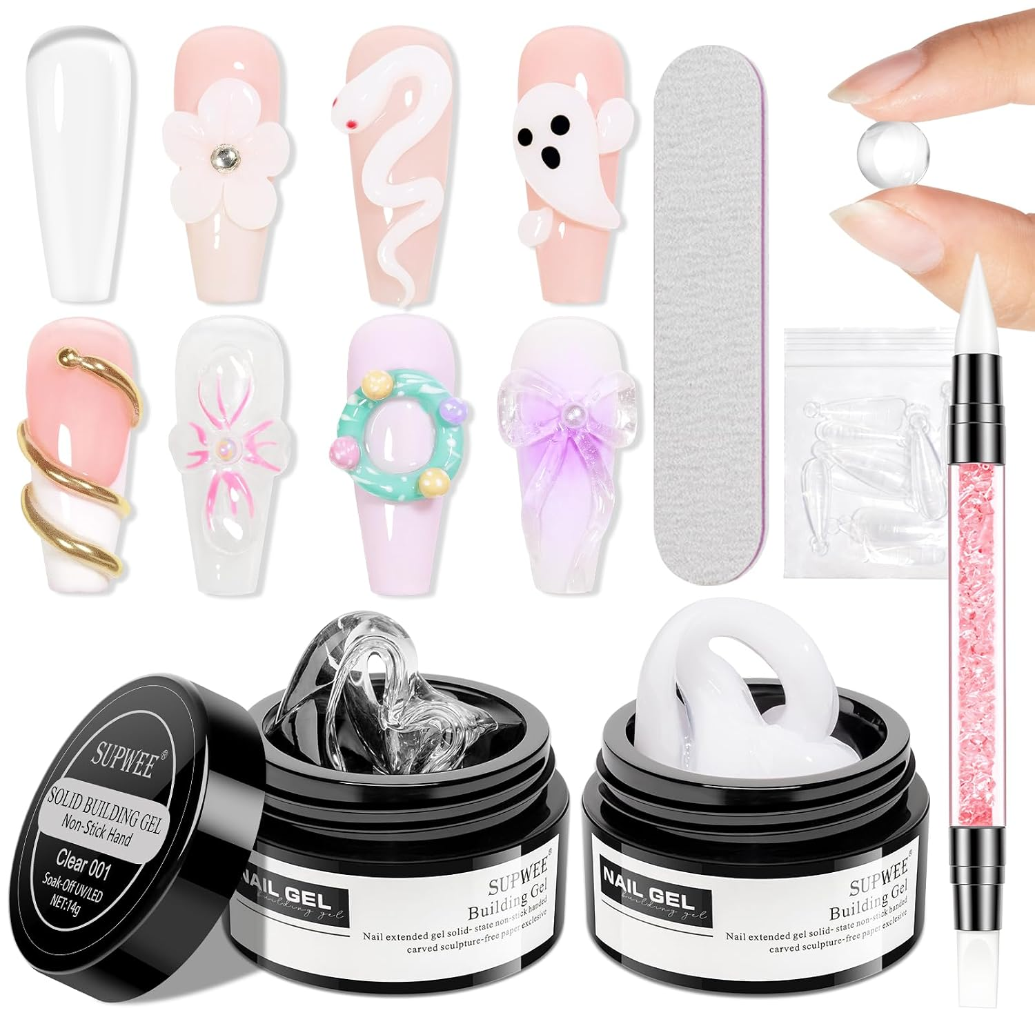 Nail art gel jars with a sculpting tool and nail examples