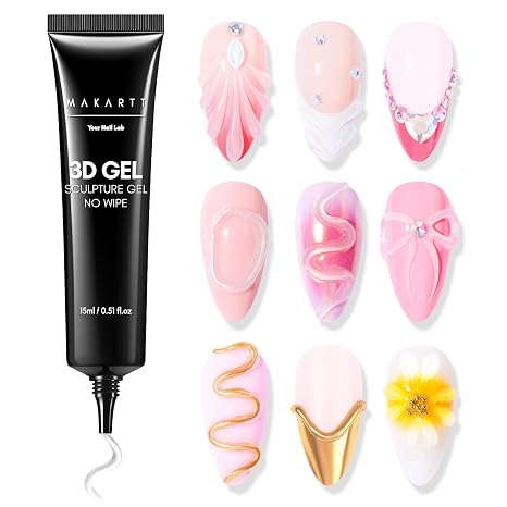 Black 3D nail gel tube with decorative nail examples