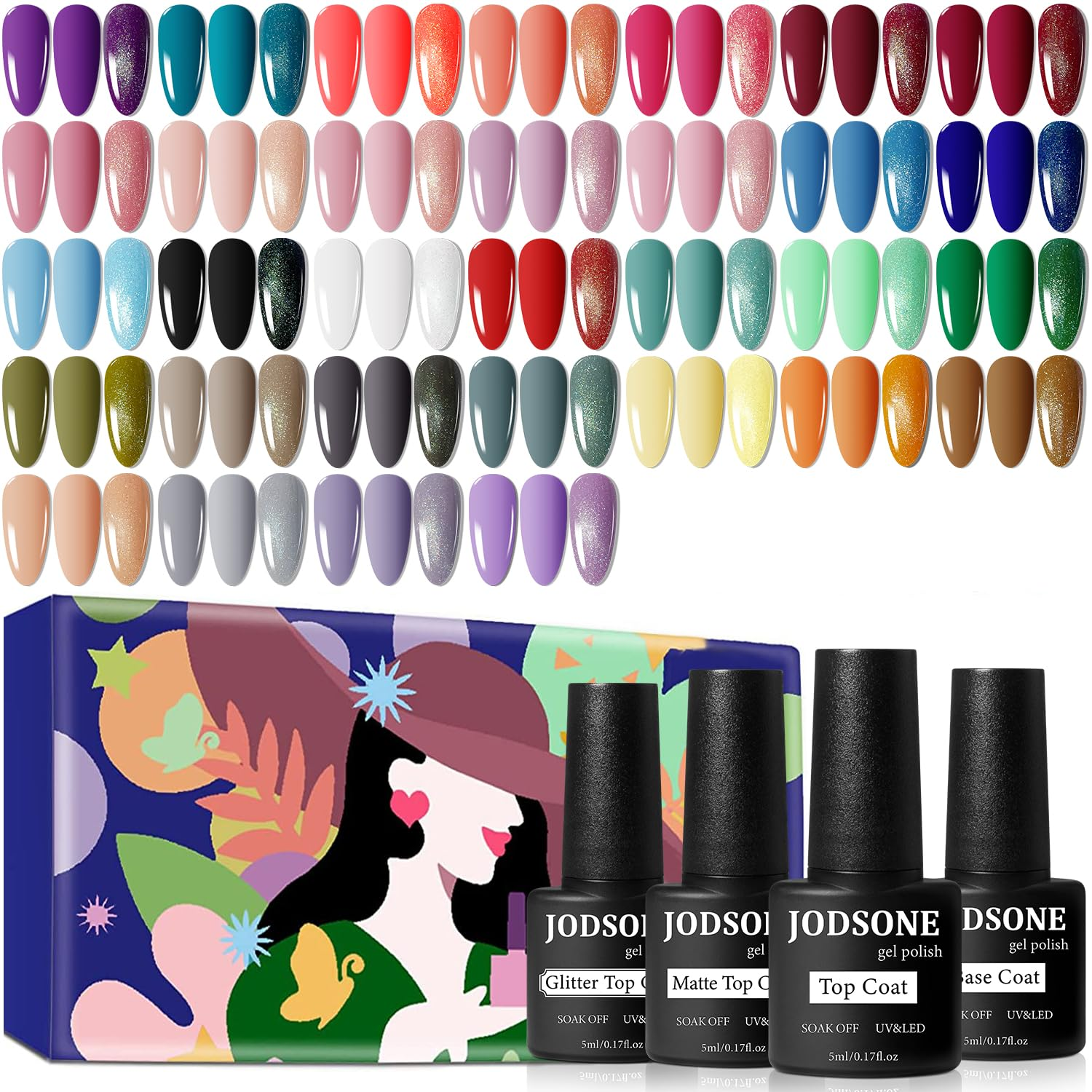 Gel nail polish set with multicolor nail swatches